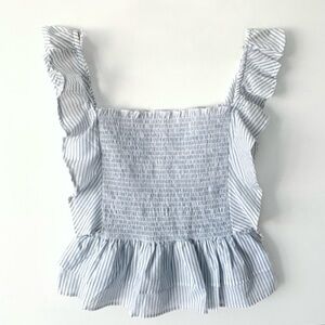 White and Blue Striped Ruffle Top 100% cotton Blouse